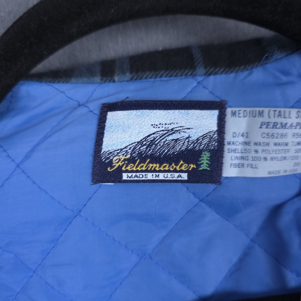 Fieldmaster Flannel Shirt Mens Medium 15.5 Black‎ Blue Plaid Quilt Lined Button - Picture 8 of 10